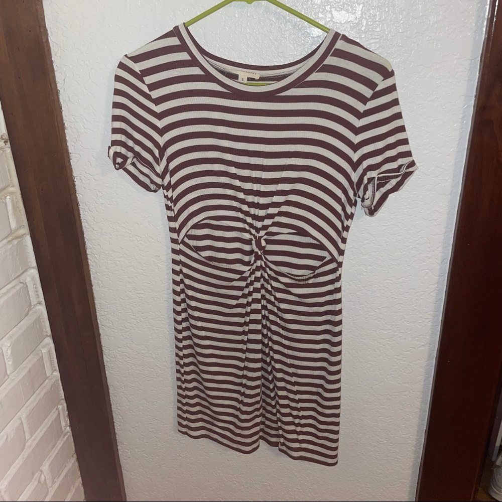 Brown & white striped T-shirt dress with stomach cut-outs